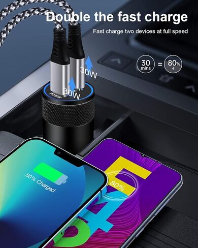 60W USB C Car Charger, 2 Pack AILKIN USB C Cigarette Lighter Adapter Fast Charging Dual Port PD3.0 Type C Car Charger Plug Compatible with iPhone 16 15 14 13 12 Pro Max Galaxy S25/S24/23 Pixel 9 8 Pro in Saudi Arabia