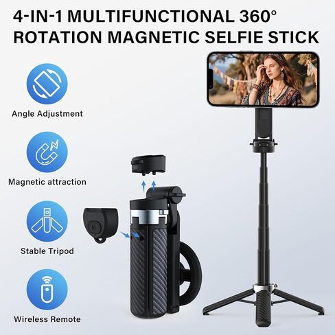 Opticnock 4-in-1 Selfie Magnetic Selfie لعصا iPhone/Android-360 درجة قابلة للتدوير ، قابلة للتمديد مع جهاز التحكم عن بعد اللاسلكي | حجم الجيب | يتضمن حلقة الهاتف (1pc) in Kuwait