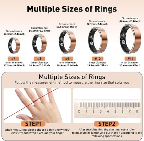 Smart Ring with Sleep Monitoring, Step Counting, Heart Rate, Blood Oxygen, Blood Pressure for iPhone and Android, No Subscription Fee, IP68 Waterproof Health Tracker (Rose Gold, 11) in Saudi Arabia