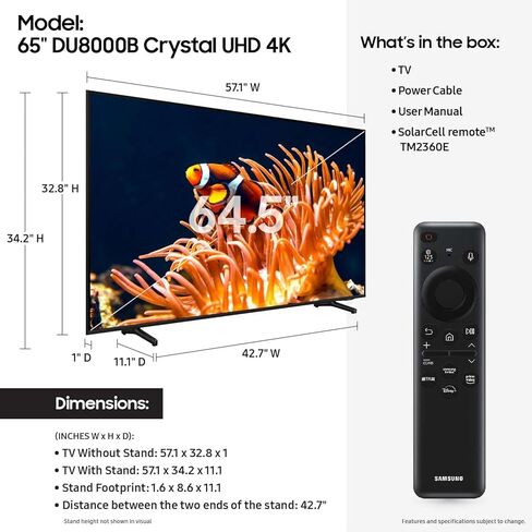 Samsung 65 بوصة Class DU8000B (2024) Crystal UHD 4K Airslim Smart TV ، Motion Xcelerator ، التباين الضخم ، اللون الكريستالي الديناميكي ، HUB للألعاب UN65DU8000BXZA (متجدد) in Kuwait
