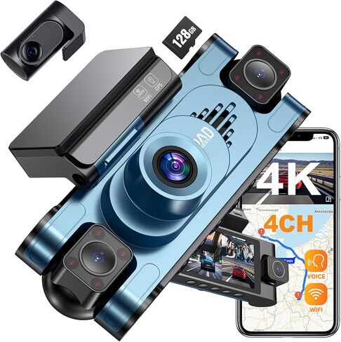 4K 360 ° DASHCAM للسيارات ، 4 قناة CAR CAR CAM CAM الأمامية والخلفية من الداخل مع بطاقة 128 جيجابايت متضمنة ، التحكم الصوتي ، 5.8G WIFI GPS ، الرؤية الليلية الأشعة تحت الحمراء ، مستشعر G ، وضع وقوف السيارات على مدار الساعة طوال أيام الأسبوع وتسجيل حلقة DA in Kuwait