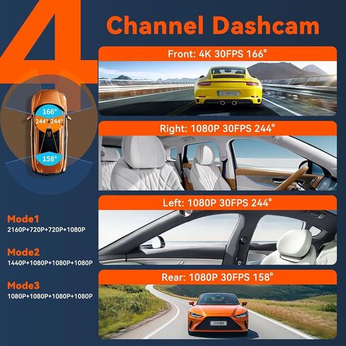 4K 360 ° DASHCAM للسيارات ، 4 قناة CAR CAR CAM CAM الأمامية والخلفية من الداخل مع بطاقة 128 جيجابايت متضمنة ، التحكم الصوتي ، 5.8G WIFI GPS ، الرؤية الليلية الأشعة تحت الحمراء ، مستشعر G ، وضع وقوف السيارات على مدار الساعة طوال أيام الأسبوع وتسجيل حلقة DA in Kuwait