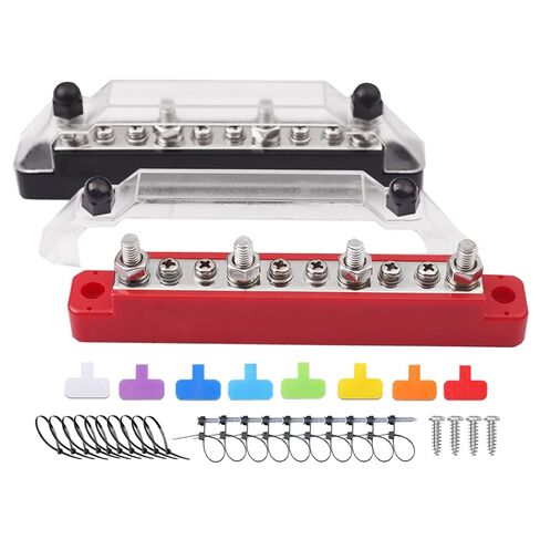BUN BAR 12V 150A كتلة توزيع الطاقة 4 × 1/4 "طرفية مسامير 6 X #8 محطات لقوارب السيارة وأسلاك الأسلاك الشمسية 2 كتلة توزيع مع روابط الكابل وعلامات الكابلات لإدارة الكابلات in Kuwait