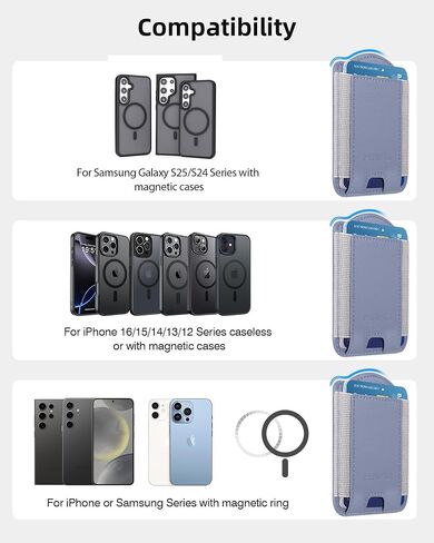 محفظة Mag-Safe لسلسلة Galaxy S25/S24 مع حالة مغناطيسية و iPhone 12/13/14/15/16/17 ، لا توجد حالة ، حامل بطاقات 6 ، RFID Leather Slim ، Black in Kuwait