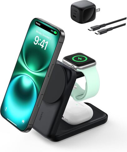 Belkin MagSafe Charger Compatible, 3-in-1 Charging Station, Qi2.2 25W Magnetic Wireless Charger Dock, Foldable Charging Stand, for iPhone 16/15/14, Apple Watch, AirPods (45W Adapter Included) in Saudi Arabia