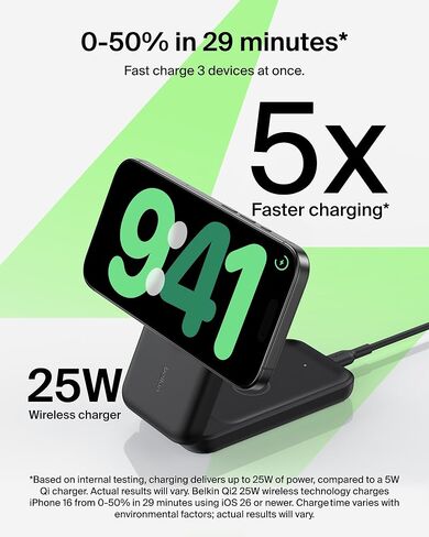 Belkin MagSafe Charger Compatible, 3-in-1 Charging Station, Qi2.2 25W Magnetic Wireless Charger Dock, Foldable Charging Stand, for iPhone 16/15/14, Apple Watch, AirPods (45W Adapter Included) in Saudi Arabia