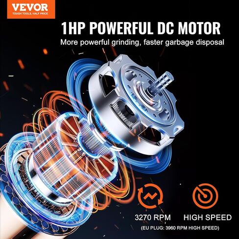 التخلص من القمامة VEVOR ، 1HP 3270 دورة في الدقيقة محرك DC ، التغذية المستمرة تغذية نفايات الحوض ، EZ Connect in Kuwait