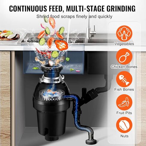 التخلص من القمامة VEVOR ، 1HP 3270 دورة في الدقيقة محرك DC ، التغذية المستمرة تغذية نفايات الحوض ، EZ Connect in Kuwait