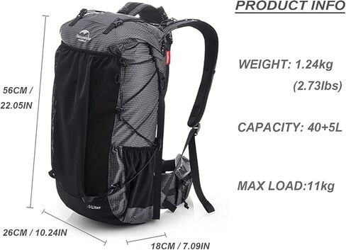 حقيبة ظهر Naturehike للمشي لمسافات طويلة والتخييم 45L/65L إطار داخلي خفيف الوزن مع غطاء مطر لحقائب الظهر للرياضات الخارجية ((40+5) L أسود، (40+5) L) in Kuwait