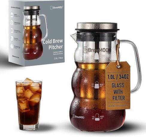 BrewMOO- Cold Brew Coffee Maker (2.0L/68Oz), Sleek Wave Borosilicate Glass Pitcher with Stainless Steel Filter, Airtight Lid + Wide Spout + Comfort Handle, Effortless Manual, Sophisticated Gift in Saudi Arabia