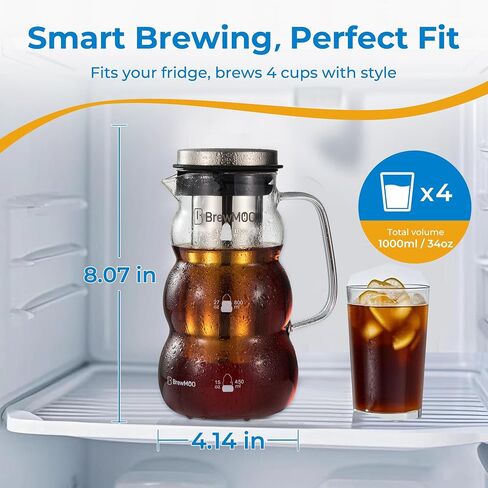 BrewMOO- Cold Brew Coffee Maker (2.0L/68Oz), Sleek Wave Borosilicate Glass Pitcher with Stainless Steel Filter, Airtight Lid + Wide Spout + Comfort Handle, Effortless Manual, Sophisticated Gift in Saudi Arabia