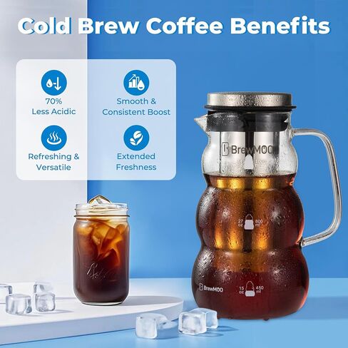 BrewMOO- Cold Brew Coffee Maker (2.0L/68Oz), Sleek Wave Borosilicate Glass Pitcher with Stainless Steel Filter, Airtight Lid + Wide Spout + Comfort Handle, Effortless Manual, Sophisticated Gift in Saudi Arabia