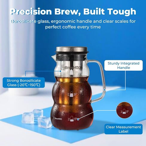 BrewMOO- Cold Brew Coffee Maker (2.0L/68Oz), Sleek Wave Borosilicate Glass Pitcher with Stainless Steel Filter, Airtight Lid + Wide Spout + Comfort Handle, Effortless Manual, Sophisticated Gift in Saudi Arabia