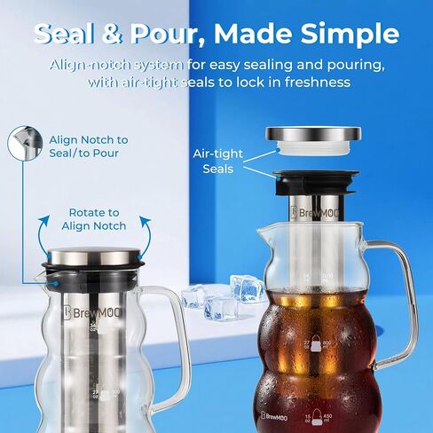 BrewMOO- Cold Brew Coffee Maker (2.0L/68Oz), Sleek Wave Borosilicate Glass Pitcher with Stainless Steel Filter, Airtight Lid + Wide Spout + Comfort Handle, Effortless Manual, Sophisticated Gift in Saudi Arabia