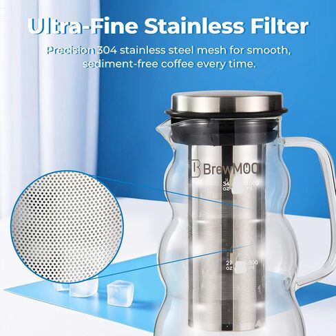 BrewMOO- Cold Brew Coffee Maker (2.0L/68Oz), Sleek Wave Borosilicate Glass Pitcher with Stainless Steel Filter, Airtight Lid + Wide Spout + Comfort Handle, Effortless Manual, Sophisticated Gift in Saudi Arabia