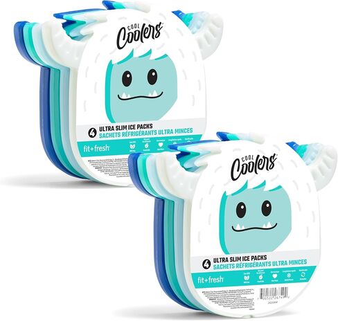 Cool Coolers by Fit & Fresh Kids Lunch Box Ice Packs, Slim Shaped Ice Packs for Lunch Bags and Coolers, Reusable Lunch Ice Packs, Multicolored, Yeti Shape, 4PK in Kuwait