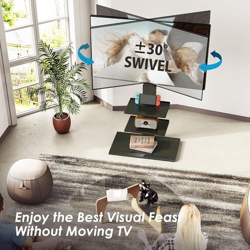 Fitueyes Iron Base Universal Floor Stand مع إمالة دوارة ، وقصة Mount TV لشاشات 32-75 بوصة ، وقصة تلفزيونية زاوية مع أرفف ترفيهية قابلة للتعديل (أسود) in Kuwait