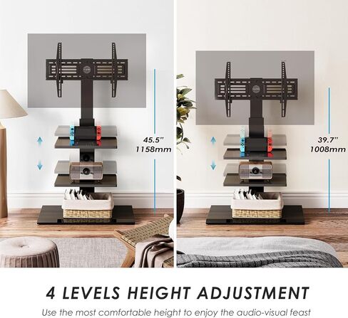 Fitueyes Iron Base Universal Floor Stand مع إمالة دوارة ، وقصة Mount TV لشاشات 32-75 بوصة ، وقصة تلفزيونية زاوية مع أرفف ترفيهية قابلة للتعديل (أسود) in Kuwait
