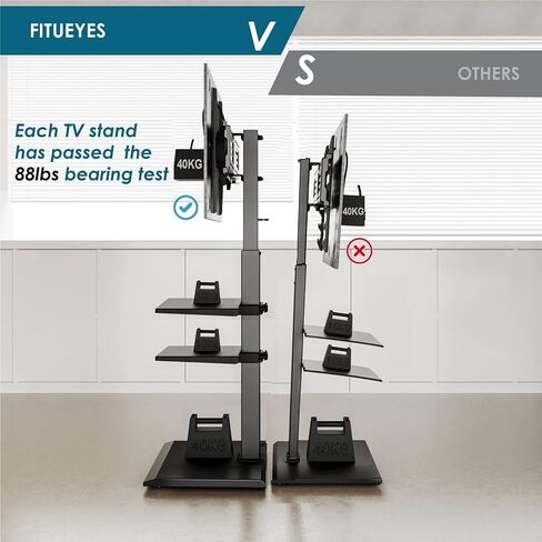 Fitueyes Iron Base Universal Floor Stand مع إمالة دوارة ، وقصة Mount TV لشاشات 32-75 بوصة ، وقصة تلفزيونية زاوية مع أرفف ترفيهية قابلة للتعديل (أسود) in Kuwait