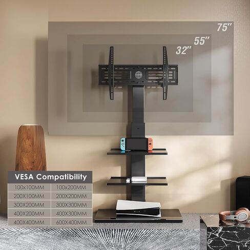 Fitueyes Iron Base Universal Floor Stand مع إمالة دوارة ، وقصة Mount TV لشاشات 32-75 بوصة ، وقصة تلفزيونية زاوية مع أرفف ترفيهية قابلة للتعديل (أسود) in Kuwait