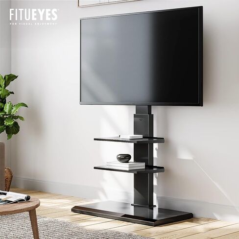 Fitueyes Iron Base Universal Floor Stand مع إمالة دوارة ، وقصة Mount TV لشاشات 32-75 بوصة ، وقصة تلفزيونية زاوية مع أرفف ترفيهية قابلة للتعديل (أسود) in Kuwait