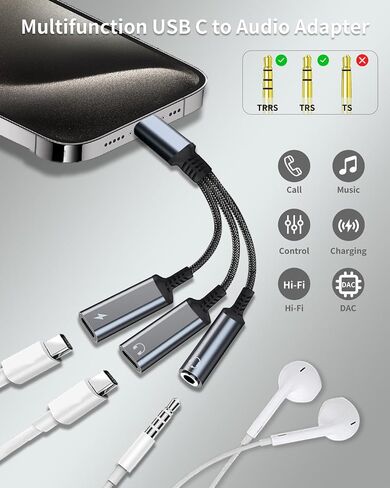 USB-C إلى 3.5 ملم محول الشاحن ومحول الشاحن ، 3 في 1 من النوع الثنائي C aux شاحن الشاحن الشاحن سلك Dongle المتوافق مع iPhone 15/16 Pro/Max/Plus ، iPad ، Samsung Galaxy S22/S23/S24 Ultra (رمادي) in Kuwait