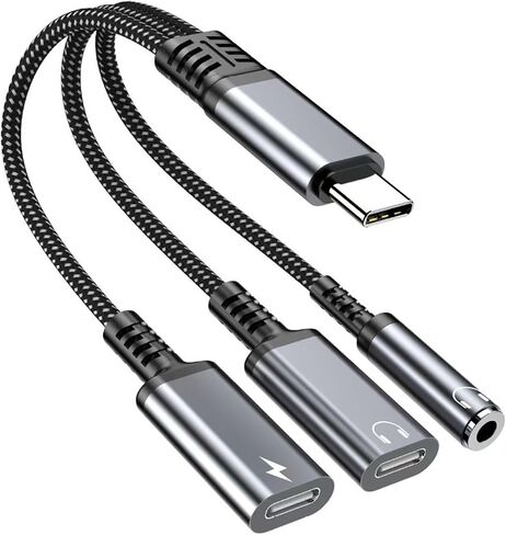 USB-C إلى 3.5 ملم محول الشاحن ومحول الشاحن ، 3 في 1 من النوع الثنائي C aux شاحن الشاحن الشاحن سلك Dongle المتوافق مع iPhone 15/16 Pro/Max/Plus ، iPad ، Samsung Galaxy S22/S23/S24 Ultra (رمادي) in Kuwait