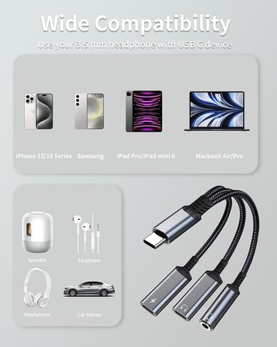 USB-C إلى 3.5 ملم محول الشاحن ومحول الشاحن ، 3 في 1 من النوع الثنائي C aux شاحن الشاحن الشاحن سلك Dongle المتوافق مع iPhone 15/16 Pro/Max/Plus ، iPad ، Samsung Galaxy S22/S23/S24 Ultra (رمادي) in Kuwait