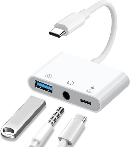Aux to USB C to USB Adapter, 3-in-1 USB OTG Adapter with USB C to 3.5mm Audio Adapter and 60W PD Fast Charging Port, Compatible with iPhone 15/16, iPad Pro, MacBook, Samsung Galaxy S23 and More in Saudi Arabia