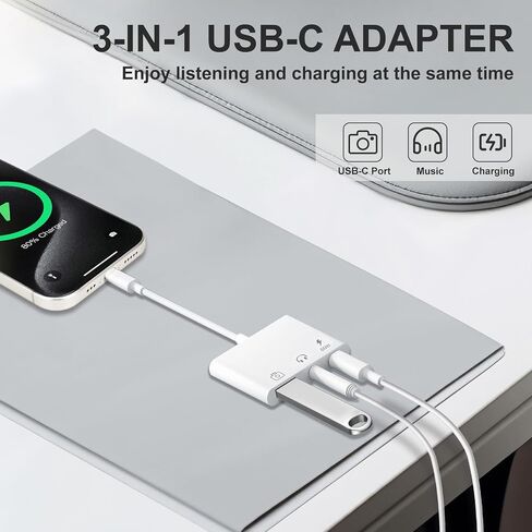 Aux to USB C to USB Adapter, 3-in-1 USB OTG Adapter with USB C to 3.5mm Audio Adapter and 60W PD Fast Charging Port, Compatible with iPhone 15/16, iPad Pro, MacBook, Samsung Galaxy S23 and More in Saudi Arabia