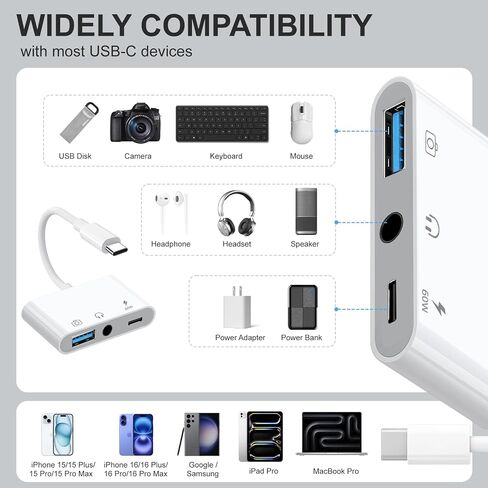 Aux to USB C to USB Adapter, 3-in-1 USB OTG Adapter with USB C to 3.5mm Audio Adapter and 60W PD Fast Charging Port, Compatible with iPhone 15/16, iPad Pro, MacBook, Samsung Galaxy S23 and More in Saudi Arabia