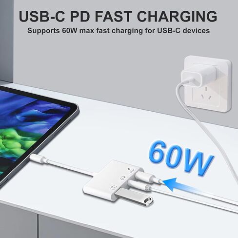 Aux to USB C to USB Adapter, 3-in-1 USB OTG Adapter with USB C to 3.5mm Audio Adapter and 60W PD Fast Charging Port, Compatible with iPhone 15/16, iPad Pro, MacBook, Samsung Galaxy S23 and More in Saudi Arabia