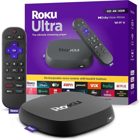 Roku Ultra 2024 (Renewed) – 4K Streaming Device with HDR10+, Dolby Vision & Atmos, Wi-Fi 6, Bluetooth, Rechargeable Voice Remote Pro with Backlit Buttons, Free & Live TV in Saudi Arabia