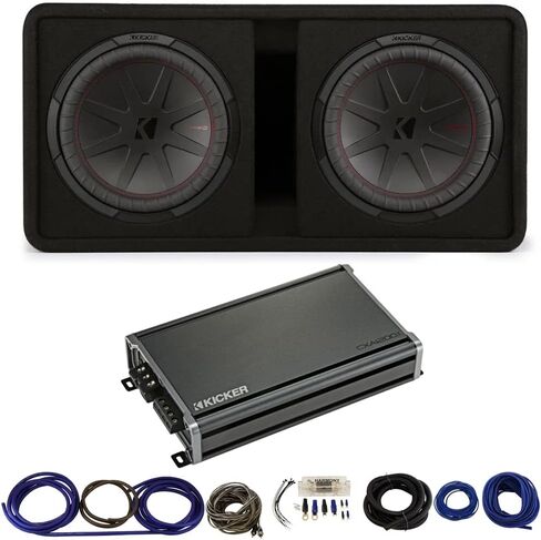 Kicker 48DCWR122-RS Dual 12" CompR Series Sub 1000W RMS 2 Ohm Loaded Sub Enclosure, 46CXA12001 Car Audio Class D Mono 2400W Peak Sub Amp and HA-AK4 Complete 4 Gauge 1800W Amp Install Kit - Refurbished in Saudi Arabia