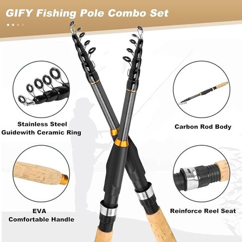 Telescopic Fishing Rods and Reel Combos, 2PCS 5.9ft Carbon Fiber Fishing Pole Full Kit, Spinning Reel Lures Set with Carrier Bag, Saltwater Freshwater Collapsible Fishing Gear for Beginner Adults in Kuwait