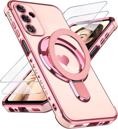 بالنسبة ل Samsung Galaxy A15 5G Love Heart Kickstand Case مع حامي شاشة 2x: غلاف حالة حماية من Gold Edge Luxury Plated Slim TPU لـ Galaxy A15 (Pink) in Kuwait