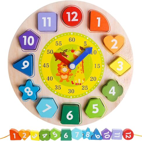Wooden Shape Color Sorting Clock- Teaching Time Number Blocks Clock Shape Sorting Puzzle Montessori Early Learning Educational Toy Gift for 1 2 3 Year Old Toddler Baby Kids in Kuwait