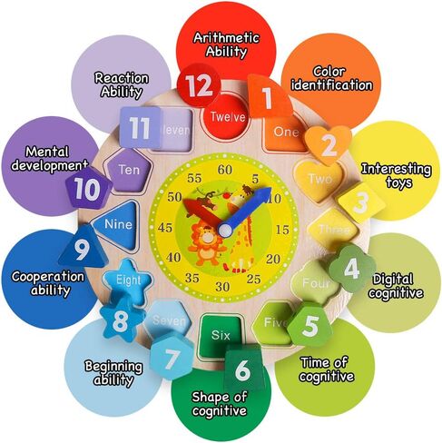 Wooden Shape Color Sorting Clock- Teaching Time Number Blocks Clock Shape Sorting Puzzle Montessori Early Learning Educational Toy Gift for 1 2 3 Year Old Toddler Baby Kids in Kuwait