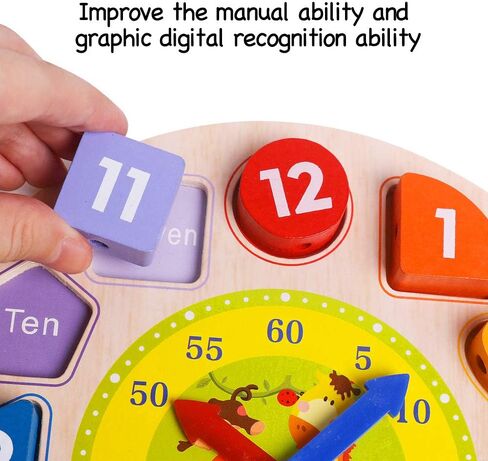 Wooden Shape Color Sorting Clock- Teaching Time Number Blocks Clock Shape Sorting Puzzle Montessori Early Learning Educational Toy Gift for 1 2 3 Year Old Toddler Baby Kids in Kuwait