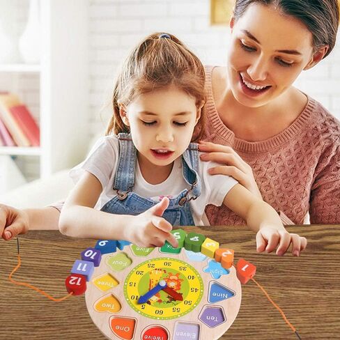Wooden Shape Color Sorting Clock- Teaching Time Number Blocks Clock Shape Sorting Puzzle Montessori Early Learning Educational Toy Gift for 1 2 3 Year Old Toddler Baby Kids in Kuwait