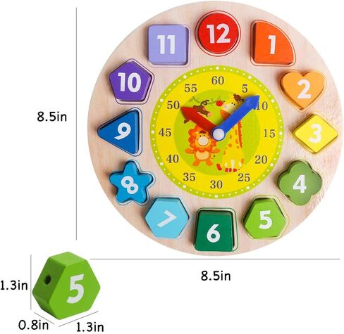 Wooden Shape Color Sorting Clock- Teaching Time Number Blocks Clock Shape Sorting Puzzle Montessori Early Learning Educational Toy Gift for 1 2 3 Year Old Toddler Baby Kids in Kuwait