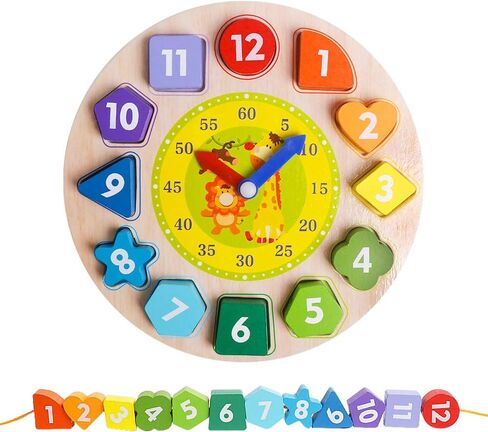 Wooden Shape Color Sorting Clock- Teaching Time Number Blocks Clock Shape Sorting Puzzle Montessori Early Learning Educational Toy Gift for 1 2 3 Year Old Toddler Baby Kids in Kuwait