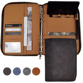 A5 Leather Binder Notebook Portfolio Budget Planner PU Leather Cover with Zipper 6 Rings Refillable Money Document Organizer for Business Interview (Black)