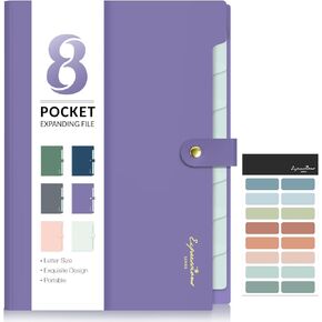 Sooez Elegant Accordion File Organizer with Labels, 8 Pocket Expanding File Folder, Portable Folders for Documents, Cute Paper Organizer for School Office Supplies, Letter Size, Dark Green