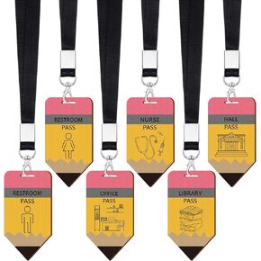 Sabary 6 Sets Hall Pass Lanyards and School Passes Set Unbreakable Wooden Bathroom Passes for Classrooms Hall, Restroom, Library, Office and Nurse School Teacher Supplies Gift (Pencil)