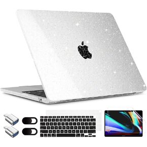 TWOLSKOO Glitter Sparkly Case for MacBook Air 13 Inch Case 2021-2018 M1 A2337 A2179 A1932 Touch ID, Plastic Hard Shell Case with Keyboard Cover & Type C Adapter 2 Pack & Camera Cover, Starlight