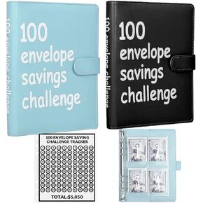 2PCS 100 Envelopes Money Saving Challenge, Envelopes Challenge Binder, Achieving Financial Goals with a Budget Binder and Cash Envelopes, Successfully Reach Your Savings Goals of $5,050 (Pink+Black)