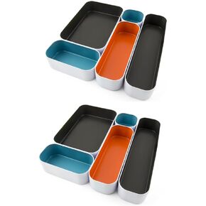 Three by Three Seattle 5 Piece Metal Organizer Tray Set for Storing Makeup, Stationery, Utensils, and More in Office Desk, Kitchen and Bathroom Drawers (2 Inch, Assorted Colors)