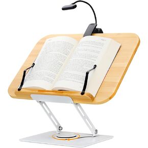 Adjustable Book Stand for Reading with Book Light, Book Holder with 360° Rotating Base & Page Clips Hands Free, Foldable Desktop Stand for Textbook, Cookbook, Laptop, Sheet Music