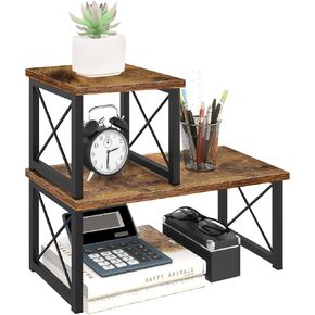 Wood Desktop Shelf, 2 Tier Adjustable Small Bookshelf Organizer, Freestanding Stackable Desk Stand, Storage Organizers, Kitchen Counter Display Rack, Rustic Brown